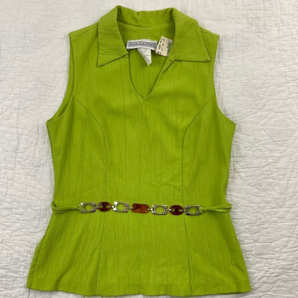NWT Jessica Howard Deadstock V-Neck Collared Belted Blouse size 8